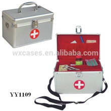 portable aluminum first aid box with a shoulder strap and a tray